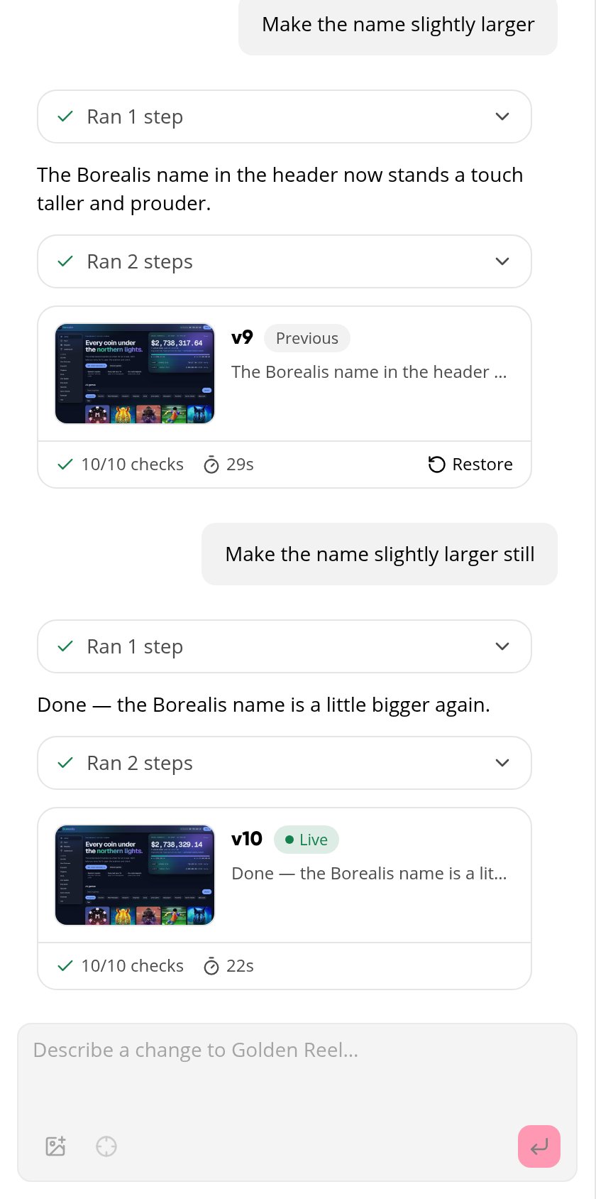 The Spin Up chat with two changes and their versions
