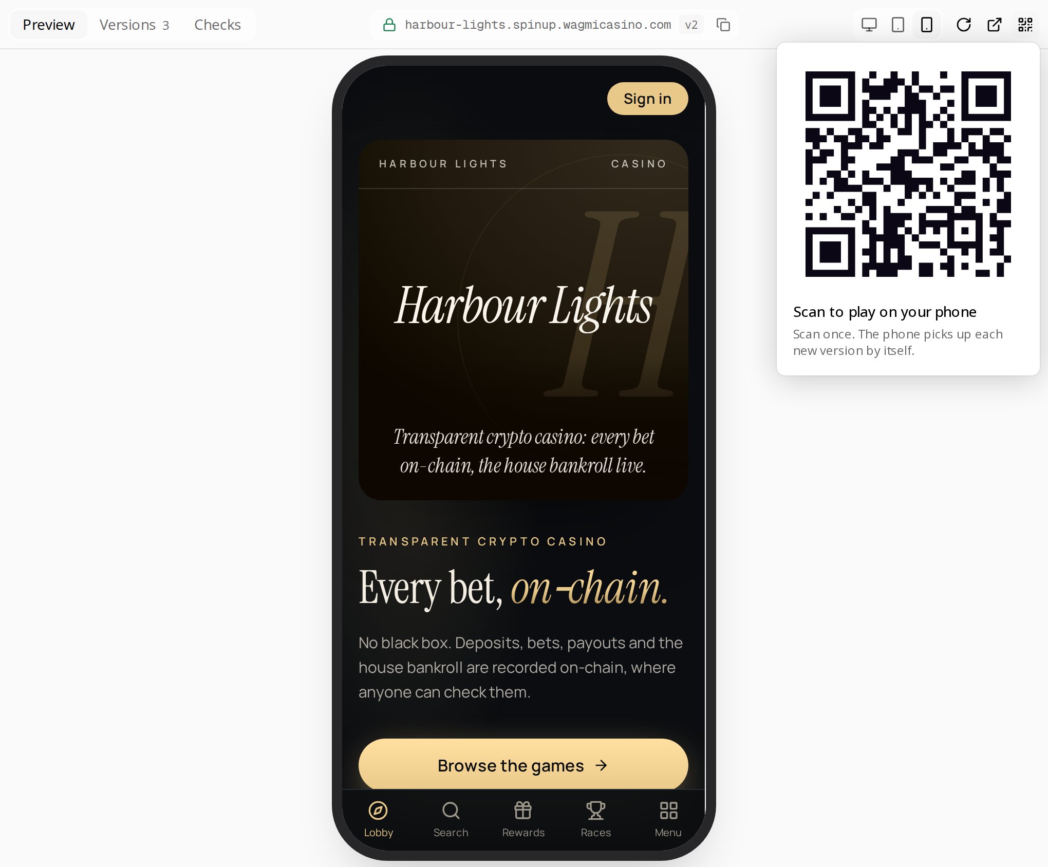 The phone preview with the QR code open