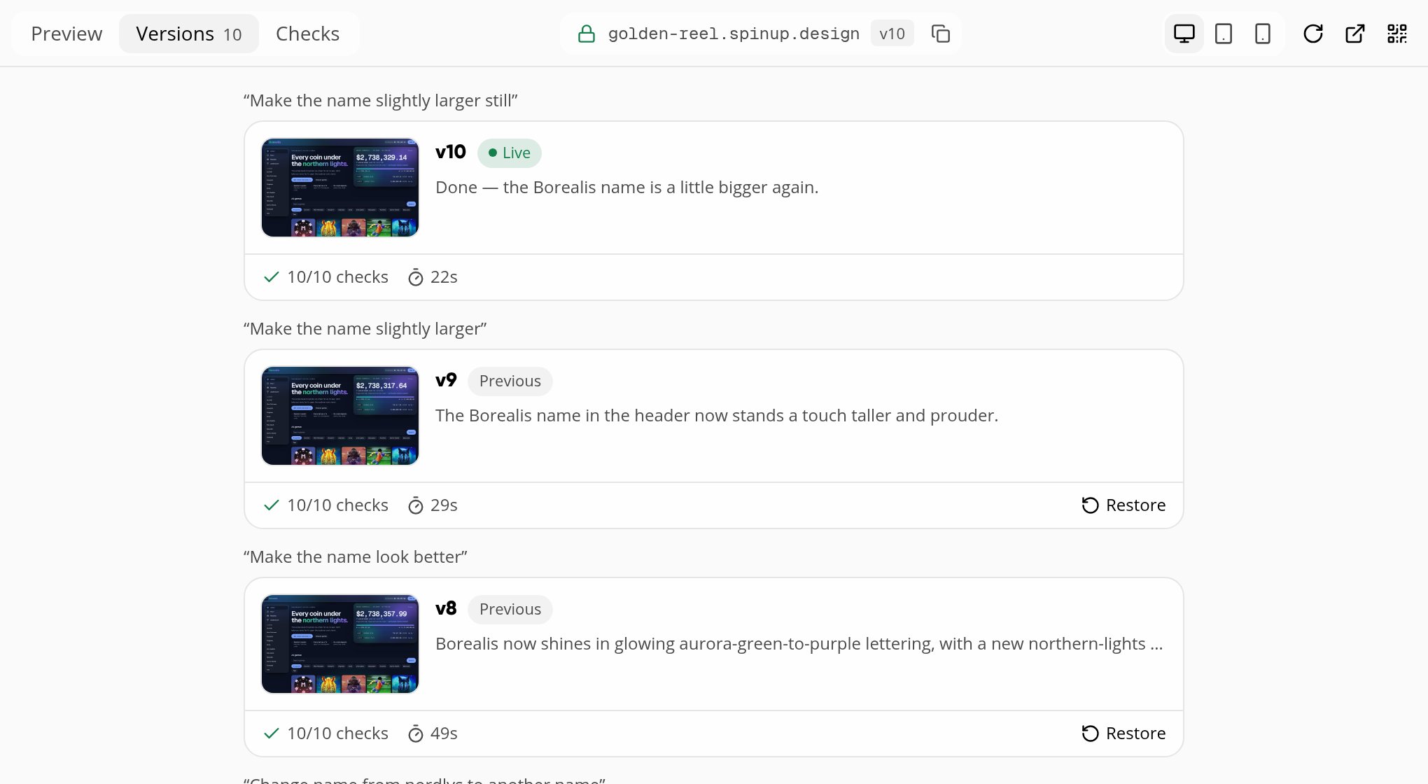 The version history with screenshots, checks and restore